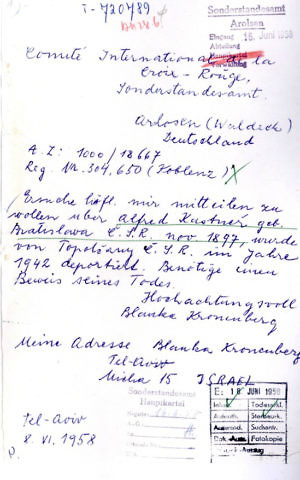 Moshe Bar-Yuda's mother's 1958 letter to ITS asking for information on her husband Alfred Kastner, murdered in the Holocaust. (Courtesy ITS via Yad Vashem)