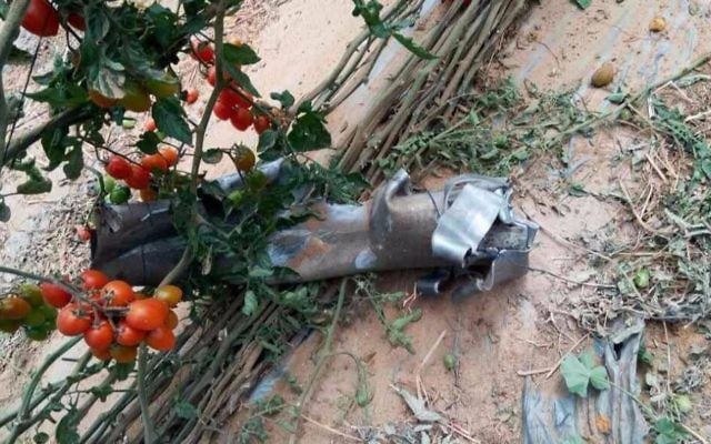 The remains of a rocket fired from Sinai that struck an Israeli greenhouse in the village of Yuval in the Eshkol region on April 10, 2017. (Israel Police) The remains of a rocket fired from Sinai that struck an Israeli greenhouse in the village of Yuval in the Eshkol region on April 10, 2017. (Israel Police)