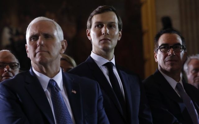 From left, Vice President Mike Pence, White House senior adviser Jared Kushner and Treasury Secretary Steve Mnuchin listen on Capitol Hill in Washington, Tuesday, April 25, 2017, as President Donald Trump speaks at the United States Holocaust Memorial Museum's National Days of Remembrance ceremony. (AP Photo/Pablo Martinez Monsivais)