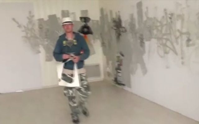 Possible still of elusive English graffiti artist Banksy filmed in Herzliya, April 2, 2017. (Screen capture: YouTube) Possible still of elusive English graffiti artist Banksy filmed in Herzliya, April 2, 2017. (Screen capture: YouTube)