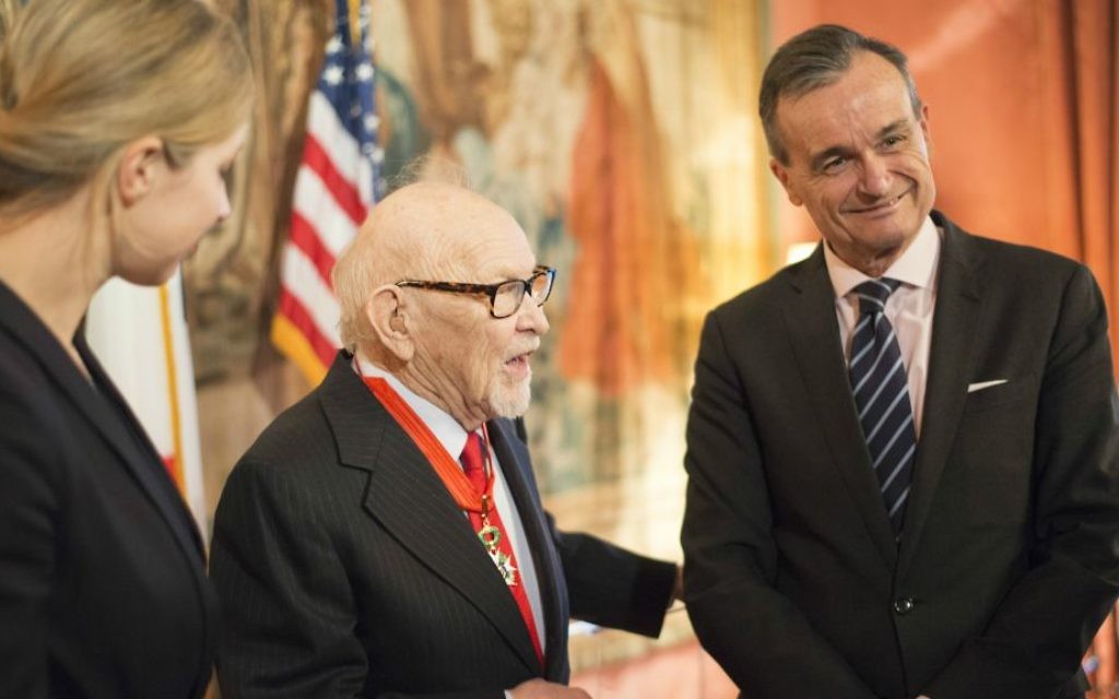 Professor Justus Rosenberg receiving the French Legion of Honor from the French ambassador to the United States, Gerard Araud on Thursday, March 30, 2017. (Emily Stern)