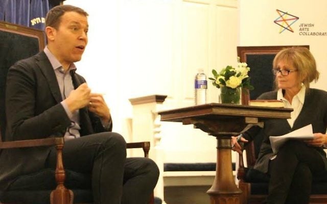 Bruce Feiler in conversation with Robin Young on March 27, 2017 at Temple Sinai in Brookline, Massachusetts. (Courtesy Jim Ball, Jewish Arts Collaborative)