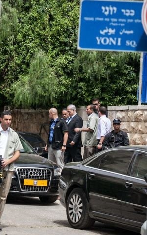 Prime Minister Benjamin Netanyahu, leaves the home of his late father Benzion Netanyahu in Jerusalem on April 30, 2012. (Noam Moskowitz/Flash90)