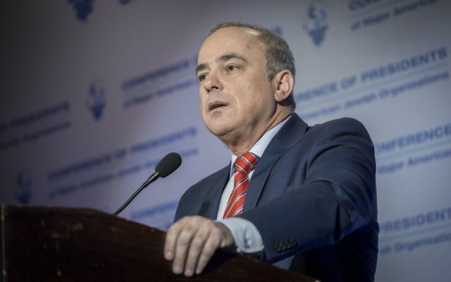 Energy Minister Yuval Steinitz attends the Conference of Presidents of Major American Jewish Organizations, at the Inbal Hotel in Jerusalem, February 20, 2017. (Yonatan Sindel/Flash90) 