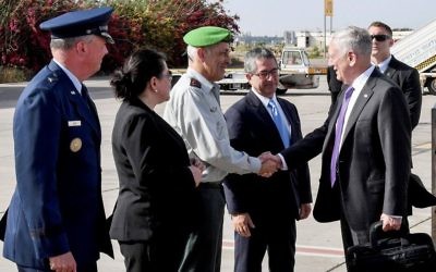 US Defense Secretary James Mattis arrives at Israel’s Ben Gurion International Airport on April 20, 2017. (Matty Stern/US Embassy Tel Aviv/Flash90)