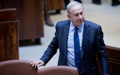 Prime Minister Benjamin Netanyahu seen at the Israeli parliament during a vote on a law changing the structure of the new Israel Broadcast Corporation news division, at Knesset on April 25, 2017. (Yonatan Sindel/Flash90)