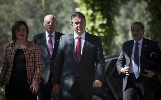 German Foreign Minister Sigmar Gabriel arrives for a meeting with President Reuven Rivlin at the President's Residence in Jerusalem on April 25, 2017. (Yonatan Sindel/Flash90) German Foreign Minister Sigmar Gabriel arrives for a meeting with President Reuven Rivlin at the President's Residence in Jerusalem on April 25, 2017. (Yonatan Sindel/Flash90)