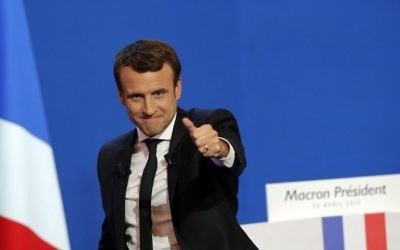 French centrist presidential candidate Emmanuel Macron thumbs up as he addresses his supporters at his election day headquarters in Paris, Sunday April 23, 2017. (AP/Christophe Ena)