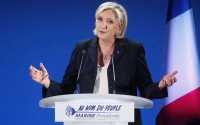 National Front leader and presidential candidate Marine Le Pen addresses supporters at her election day headquarters in Henin-Beaumont, northern France, Sunday, April 23, 2017. (AP Photo/Michel Spingler)