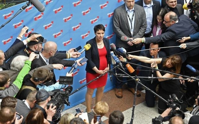 Co-leader Frauke Petry talks to the media at the party convention of Germany's nationalist party AfD (Alternative for Germany) in Cologne, Germany, Saturday, April 22, 2017.(AP Photo/Martin Meissner) Co-leader Frauke Petry talks to the media at the party convention of Germany's nationalist party AfD (Alternative for Germany) in Cologne, Germany, Saturday, April 22, 2017.(AP Photo/Martin Meissner)