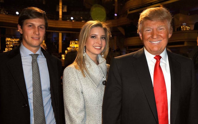 Jared Kushner, Ivanka Trump and Donald Trump attending the Comedy Central Roast of The Donald at the Hammerstein Ballroom in New York City, March 9, 2011. (Jeff Kravitz/FilmMagic via Getty Images/JTA) Jared Kushner, Ivanka Trump and Donald Trump attending the Comedy Central Roast of The Donald at the Hammerstein Ballroom in New York City, March 9, 2011. (Jeff Kravitz/FilmMagic via Getty Images/JTA)
