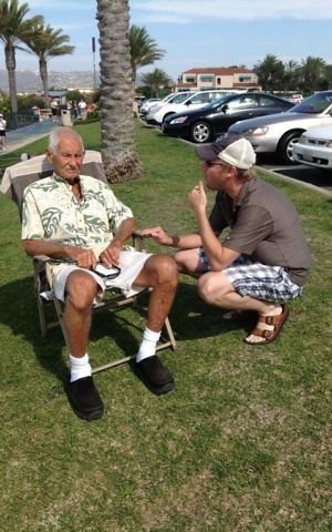 Goldfarb preps the late surfing legend, Dorian 'Doc' Paskowitz for an interview. (Courtesy)