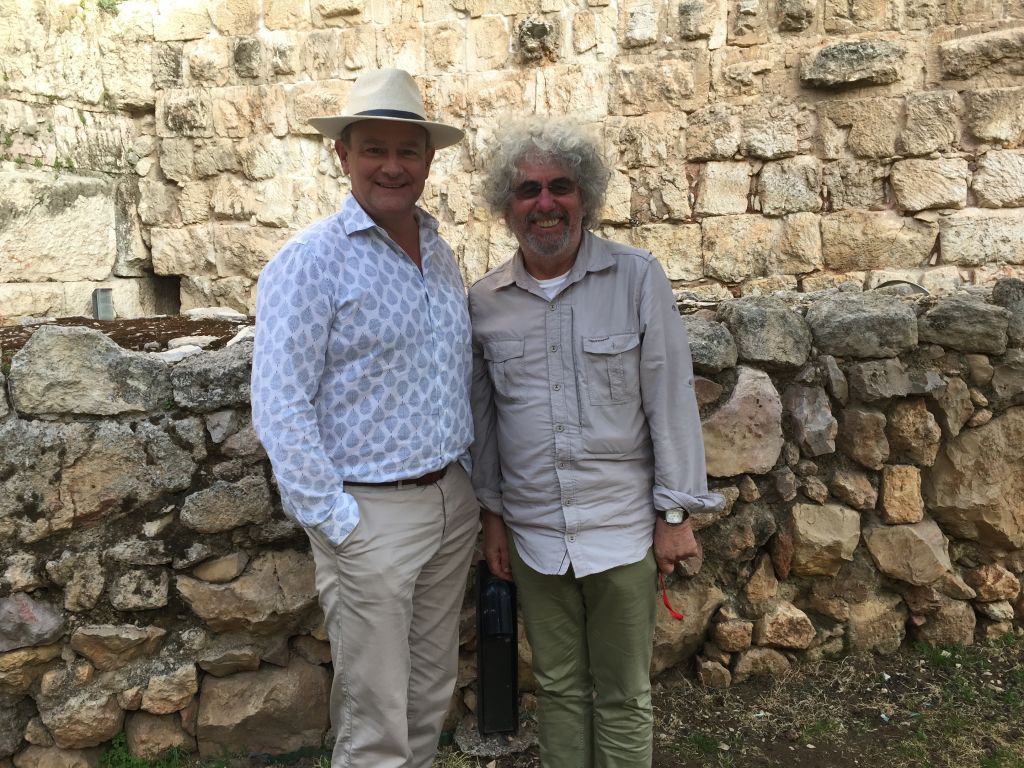 Hugh Bonneville and producer Ray Bruce in the garden of the Tower of David Museum in Jerusalem (Jessica Steinberg/Times of Israel) Hugh Bonneville and producer Ray Bruce in the garden of the Tower of David Museum in Jerusalem (Jessica Steinberg/Times of Israel)