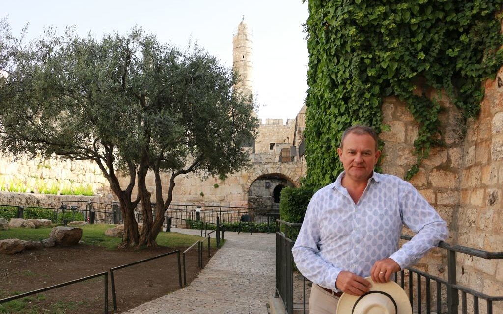 Hugh Bonneville in the Tower of David Museum garden during his two-week visit in Israel to film a show about Jesus, April, 2017 (Courtesy Tower of David Museum) Hugh Bonneville in the Tower of David Museum garden during his two-week visit in Israel to film a show about Jesus, April, 2017 (Courtesy Tower of David Museum)