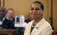 Justice Sheila Abdus-Salaam looks on as members of the state Senate Judiciary Committee vote unanimously to advance her nomination to fill a vacancy on the Court of Appeals at the Capitol in Albany, New York, on April 30, 2013. (AP/Mike Groll)
