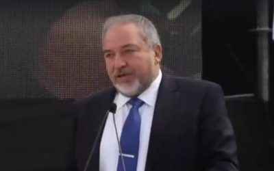 Defense Minister Avigdor Liberman at the unveiling of the David's Sling anti-missile defense system at the Hatzor base in central Israel on April 2, 2017. (Screen shot: Channel 10)