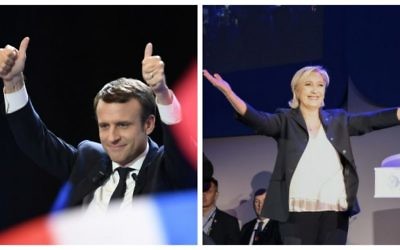 French presidential election candidate for the En Marche ! movement Emmanuel Macron, left (AFP/Eric FEFERBERG) and candidate for the Front National, Marine Le Pen (AFP/Joel SAGET) celebrating their respecive victories on April 23, 2017 after the first round of the Presidential elections. The two will face off on May 7.