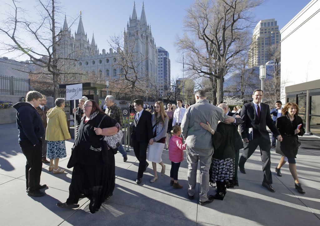 People arrive for the morning session of the two-day Mormon church conference Saturday, April 1, 2017, in Salt Lake City (AP Photo/Rick Bowmer) People arrive for the morning session of the two-day Mormon church conference Saturday, April 1, 2017, in Salt Lake City (AP Photo/Rick Bowmer)