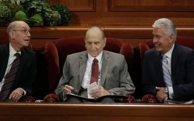 The Church of Jesus Christ of Latter-day Saints President Thomas S. Monson, center, First Counselor Henry B. Eyring, left, and Second Counselor Dieter F. Uchtdorf, right, look on during the morning session of the two-day Mormon church conference Saturday, April 1, 2017, in Salt Lake City (AP Photo/Rick Bowmer) The Church of Jesus Christ of Latter-day Saints President Thomas S. Monson, center, First Counselor Henry B. Eyring, left, and Second Counselor Dieter F. Uchtdorf, right, look on during the morning session of the two-day Mormon church conference Saturday, April 1, 2017, in Salt Lake City (AP Photo/Rick Bowmer)