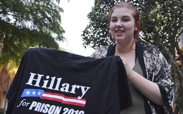 Maxine Yeakle, a Boca Raton High School student, displays a T-shirt that got her dismissed from school in Boca Raton, Florida, November 13, 2016. (Jim Rassol/South Florida Sun-Sentinel via AP) 