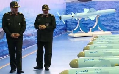 Screen capture from video showing Iranian Defense chief Brigadier General Hossein Dehqan, left, and Iranian Revolutionary Guard Corps Navy Commander Rear Admiral Ali Fadavi during a delivery ceremony of the Nasir anti-ship cruise missile, April 22, 2017. (YouTube/Press TV Videos)