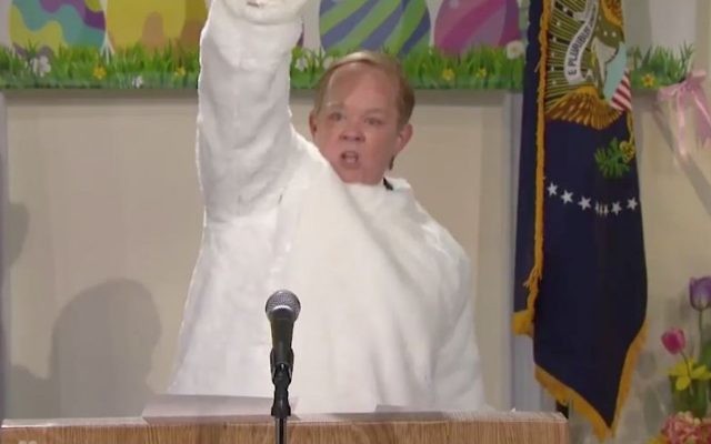 Actress Melissa McCarthy playing White Press Secretary Sean Spicer on Saturday Night Live on April 15, 2017. (Screen capture: Twitter) Actress Melissa McCarthy playing White Press Secretary Sean Spicer on Saturday Night Live on April 15, 2017. (Screen capture: Twitter)