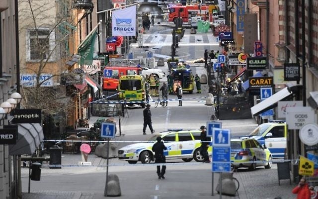 A view of the scene after a truck crashed into a department store injuring several people in central Stockholm, Sweden, Friday April 7, 2017. (Fredrik Sandberg/TT News Agency via AP)
