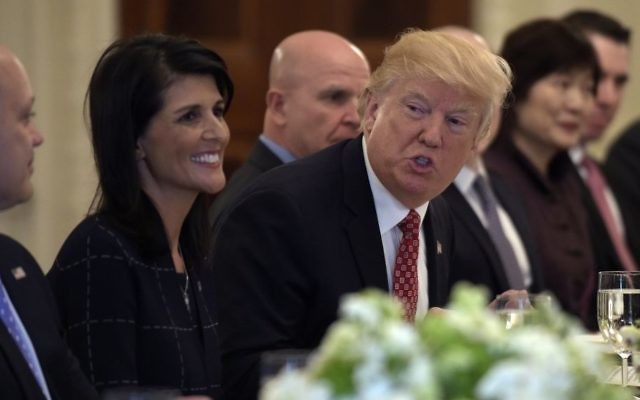 US President Donald Trump, sitting next to US Ambassador to the UN Nikki Haley, speaks during a working lunch with ambassadors of countries on the United Nations Security Council and their spouses, April 24, 2017, in the State Dining Room of the White House. (AP/Susan Walsh) US President Donald Trump, sitting next to US Ambassador to the UN Nikki Haley, speaks during a working lunch with ambassadors of countries on the United Nations Security Council and their spouses, April 24, 2017, in the State Dining Room of the White House. (AP/Susan Walsh)