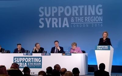 EU High Representative Federica Mogherini (R) addresses the Supporting the Future of Syria and the Region Conference on February 5, 2016 in London. (Screen capture/YouTube)