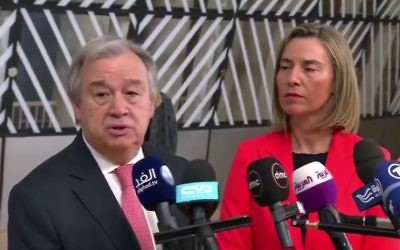 UN Secretary General Antonio Guterres (L) and EU High Representative Federica Mogherini answer questions from the press at the Supporting the Future of Syria and the Region Conference on April 5, 2017 in Belgium, Brussels. (Screen capture/YouTube) UN Secretary General Antonio Guterres (L) and EU High Representative Federica Mogherini answer questions from the press at the Supporting the Future of Syria and the Region Conference on April 5, 2017 in Belgium, Brussels. (Screen capture/YouTube)