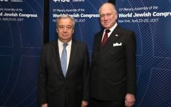 UN Secretary General Antonio Guterres with WJC President Ronald S. Lauder at the World Jewish Congress Plenary Assembly in New York. April 23, 2017. (Shahar Azran)