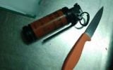 A knife and stun grenade found in the possession of a Palestinian suspect who admitted during investigation that he planned a stabbing attack in Jerusalem, April 10, 2016. (Israel Police spokesperson)