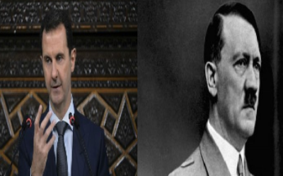 Syrian dictator Bashar Assad (L) and Nazi leader Adolf Hitler. (SANA via AP and German Federal Archive/Wikimedia Commons)