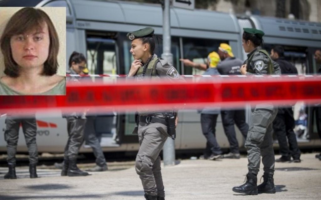 Police at the scene where Hannah Bladon, 20, a British exchange student, was killed in a stabbing attack on Jerusalem's light rail near IDF square in Jerusalem, on April 14, 2017. (Yonatan Sindel/Flash90) Inset: Hannah Bladon. (Courtesy)