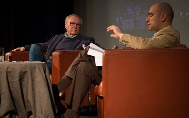 Author David Grossman is interviewed by Benjamin Balint in an event hosted by the Times of Israel in Jerusalem, April 2, 2017. (Luke Tress/Times of Israel)