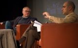 Author David Grossman (left), shortlisted for the 2017 Man Booker International Prize for his novel 'A Horse Walked Into a Bar,' interviewed by Benjamin Balint in an event hosted by the Times of Israel in Jerusalem, April 2, 2017. (Luke Tress/Times of Israel)