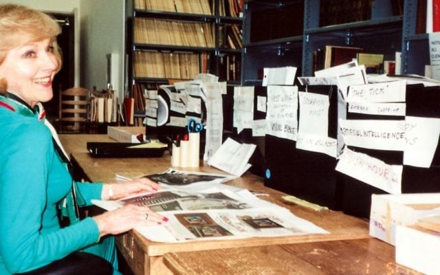 Archival photo of Lillian Michelson in her film research library (Zeitgeist Films)