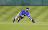 Kevin Pillar of the Toronto Blue Jays makes  a diving catch on a line drive on August 3, 2016 in Houston, Texas.  (Photo by Bob Levey/Getty Images/via JTA)