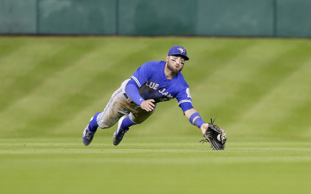 Kevin Pillar of the Toronto Blue Jays makes a diving catch on a line drive on August 3, 2016 in Houston, Texas. (Photo by Bob Levey/Getty Images/via JTA) Kevin Pillar of the Toronto Blue Jays makes a diving catch on a line drive on August 3, 2016 in Houston, Texas. (Photo by Bob Levey/Getty Images/via JTA)
