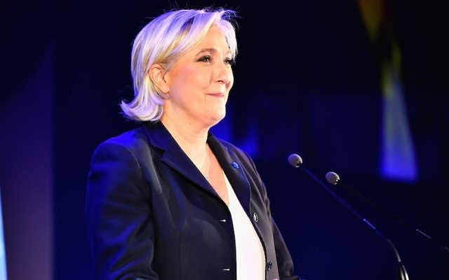 National Front leader Marine Le Pen addressing activists at the Espace Francois Mitterrand in Henin Beaumont, France, April 23, 2017. (Jeff J Mitchell/Getty Images/JTA) National Front leader Marine Le Pen addressing activists at the Espace Francois Mitterrand in Henin Beaumont, France, April 23, 2017. (Jeff J Mitchell/Getty Images/JTA)