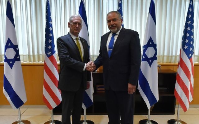 Defense Minister Avigdor Liberman (right) meets US Secretary of Defense James Mattis (left) in Tel Aviv on April 21, 2017. (Ariel Hermoni/Ministry of Defense) Defense Minister Avigdor Liberman (right) meets US Secretary of Defense James Mattis (left) in Tel Aviv on April 21, 2017. (Ariel Hermoni/Ministry of Defense)