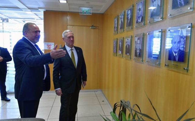 Defense Minister Avigdor Liberman meets US Secretary of Defense James Mattis in Tel Aviv on April 21, 2017 (Ariel Hermoni/Ministry of Defense) Defense Minister Avigdor Liberman meets US Secretary of Defense James Mattis in Tel Aviv on April 21, 2017 (Ariel Hermoni/Ministry of Defense)