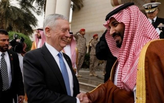 US Defence Secretary James Mattis bids farewell to Saudi Deputy Crown Prince Mohammed bin Salman (C-R) following their meeting in Riyadh on April 19, 2017. (AFP/Pool/Jonathan Ernst) US Defence Secretary James Mattis bids farewell to Saudi Deputy Crown Prince Mohammed bin Salman (C-R) following their meeting in Riyadh on April 19, 2017. (AFP/Pool/Jonathan Ernst)