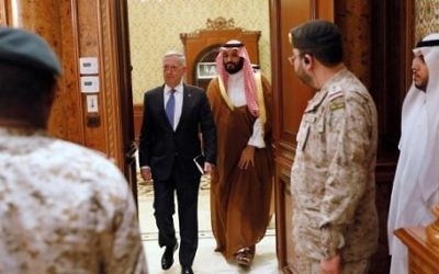 US Defence Secretary James Mattis and Deputy Crown Prince Mohammed bin Salman (C-R) arrive for a meeting in Riyadh on April 19, 2017. / AFP PHOTO / POOL / JONATHAN ERNST