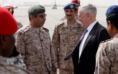 U.S. Defense Secretary James Mattis (C-R) is greeted by Saudi Armed Forces Chief of Joint Staff General Abdul Rahman Al Banyan (C-L) upon his arrival at the Riyadh Air Base on April 18, 2017. / AFP PHOTO / POOL / JONATHAN ERNST