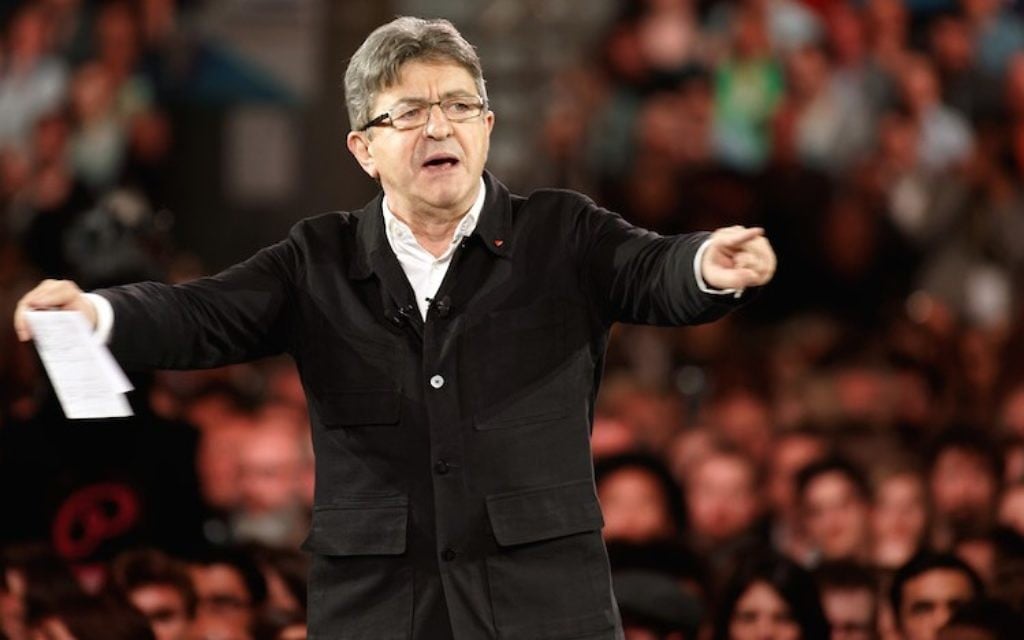 French presidential candidate Jean-Luc Melenchon at a campaign rally in Lille, April 12, 2017. (Sylvain Lefevre/Getty Images via JTA) French presidential candidate Jean-Luc Melenchon at a campaign rally in Lille, April 12, 2017. (Sylvain Lefevre/Getty Images via JTA)
