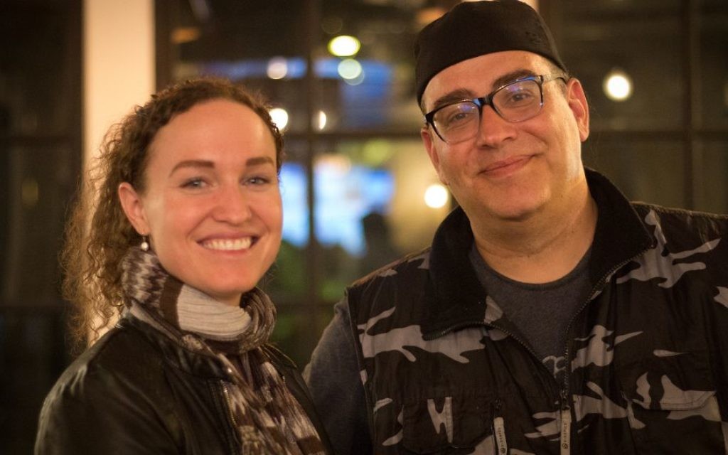 Megan Phelps-Roper and David Abitbol in Tel Aviv, April 4, 2017. (Luke Tress/Times of Israel)