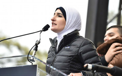 Linda Sarsour speaking onstage during the Women’s March on Washington in Washington, DC, Jan. 21, 2017. (Theo Wargo/Getty Images via JTA)