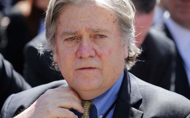 Steve Bannon attending a ceremony in the Rose Garden of the White House where Neil Gorsuch was administered the judicial oath, April 10, 2017. (Chip Somodevilla/Getty Images/JTA)
