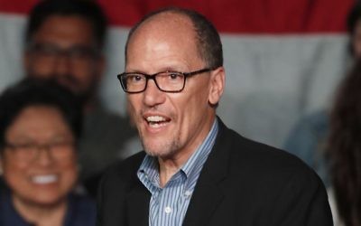 DNC Chairman Tom Perez walks on stage to speak to a crowd of supporters at a Democratic unity rally at the Rail Event Center on April 21, 2017 in Salt Lake City, Utah. (George Frey/Getty Images)